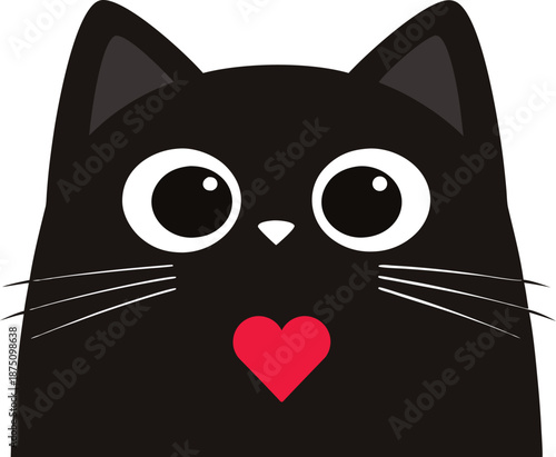 cute black cat cartoon with big eyes and red heart on chest in flat minimalist style for pet, kawaii, love, and children’s design