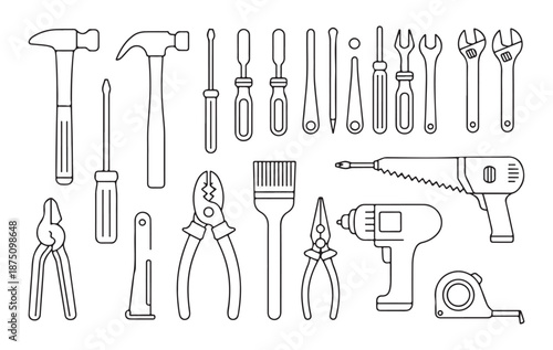 Outline set of construction and repair tools including hammers screwdrivers wrenches pliers drill and saw vector