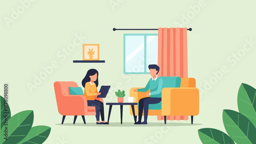 Two people sitting in armchairs converse across a table with a plant and cup in a room with a window