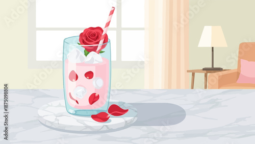 Illustrative scene of a rose-infused pink drink on a marble table near a window and armchair