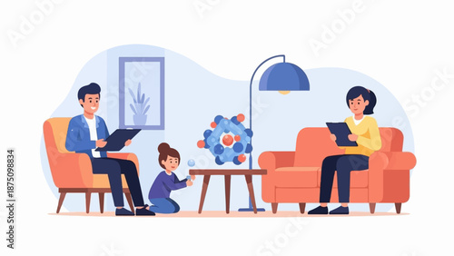 Illustrative scene of a family (man, woman, child) in a room. Parents sit, child plays near table