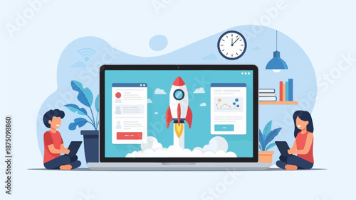 Two people use tablets near a large laptop displaying a rocket launch, symbolizing business startup and growth