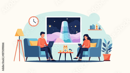 Two people work from home on laptops in a cozy room with a dog, a large space-themed painting, and minimalist decor