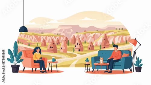 Illustrative scene of two people relaxing indoors, overlooking a fantastical valley of cone-shaped dwellings