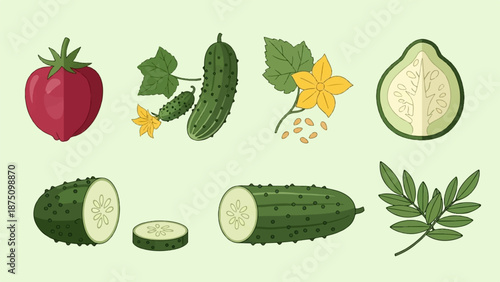 Illustrative set of green cucumbers, blossoms, slices, and a red tomato on a light green background