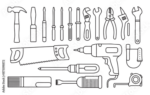 Detailed line drawing of diverse hardware tools for professional mechanics and construction workers