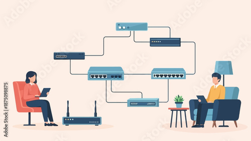 Two people using devices connected to a central network of routers and switches, illustrating home or office connectivity