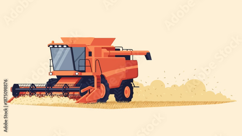 Illustrative view of a vibrant orange combine harvester processing crops in a field, generating dust