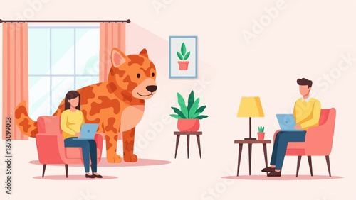 Two people work on laptops in a cozy room with a large dog, plants, and natural light