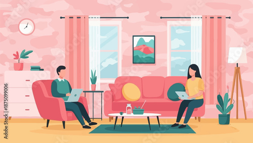 Two people work on laptops in a cozy, pink-themed living room, a flat illustration of remote work