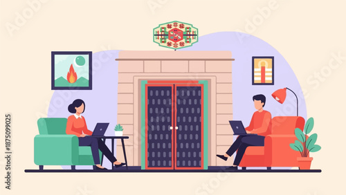 Two people work on laptops in a cozy home setting, seated on armchairs separated by a decorative doorway