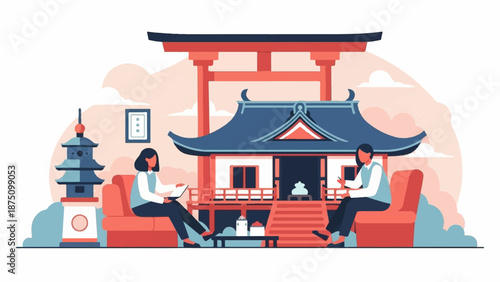 Individuals relaxing with laptop and book amidst a serene Japanese temple, torii gate, and pagoda landscape