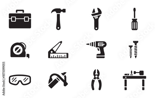 Toolbox and various work tools vector icon set with hammer, wrench, screwdriver, and drill