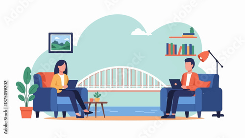 Two people work remotely on laptops in separate homes, connected by a scenic bridge over water