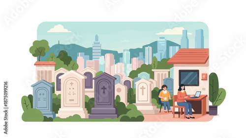 Two people working in a cemetery with gravestones and a city skyline in the background, flat vector art