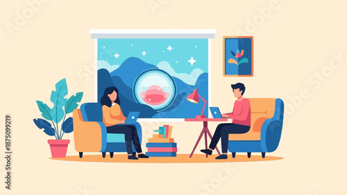 Two people working on laptops at home, surrounded by indoor plants, books, and a nature view