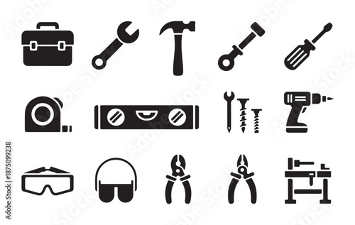 Solid black silhouette icons of safety gear and industrial equipment for workplace safety signage