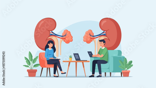 Two people working on laptops, flanked by large kidney illustrations, symbolizing health and medical work