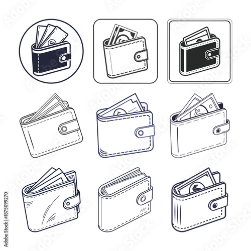 Wallet and Currency Sketches: Detailed line art showcases a collection of wallets, each partially filled with currency, symbolizing financial themes and transactions.