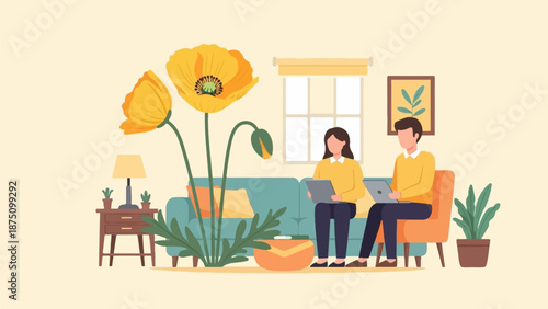 Two people working on laptops in a cozy living room with large yellow flowers and plants