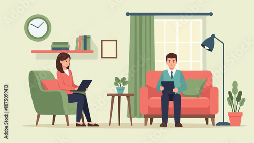 Woman with laptop and man with tablet sit in a cozy room, furnished with a clock, books, and plants