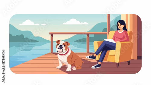Woman reads in chair on dock with bulldog, tranquil lake, mountains background. Relaxing outdoor scene