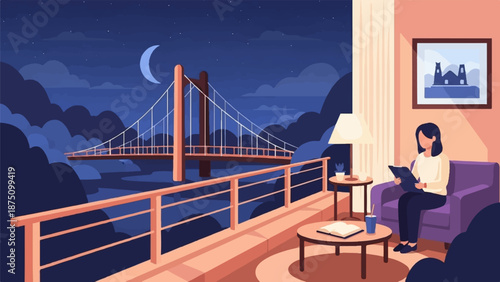 Woman reads indoors, gazing at a suspension bridge under a starry night sky with a crescent moon