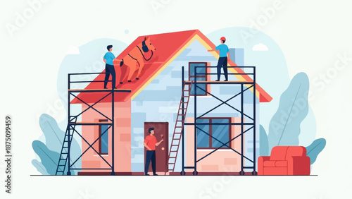 Workers on scaffolding and roof, a person painting a door, building or renovating a home