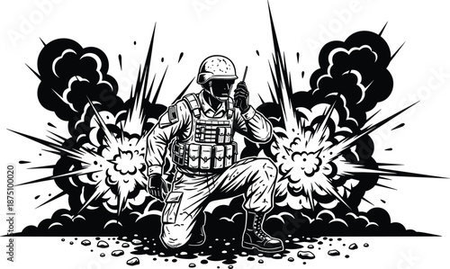 Soldier, silhouette, explosion, combat, gear, radio, helmet, tactical, war, battlefield, smoke, debris, action, urgency, defense, kneeling, vector, illustration, black, 