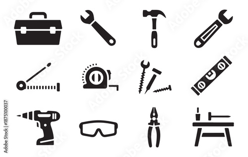 Minimalist carpentry tools set with spanner level ruler screwdriver and power drill silhouette icon