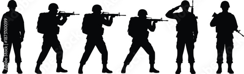 Soldier silhouettes, rifle poses, military stance, combat readiness, helmeted troops, vector illustration, black and white, armed forces, tactical position, defense scene