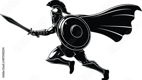 Spartan warrior silhouette running with sword and shield, ancient Greek hero strength, courage, battle, mythology illustration isolated white background
