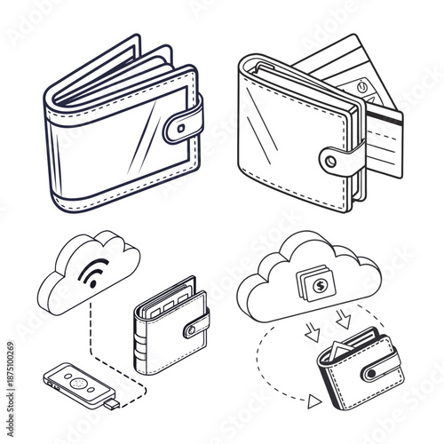 Wallet and Cloud transaction : Illustration of various wallets and a cloud symbol in a digital financial transaction.