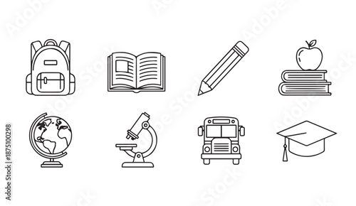 School and education icons including backpack, book, pencil, apple, globe, microscope, bus, graduation cap vector style
