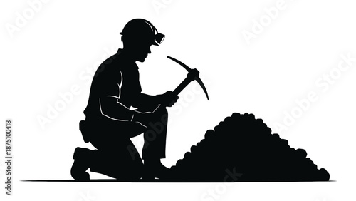 A silhouette of a miner kneeling beside a pile of coal