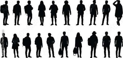 Standing people silhouettes, student group vector, casual posture icons, cad drawing flat vector illustration, black graphic design, urban crowd art
