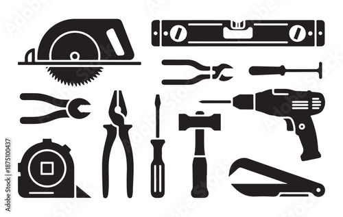 Power tools and handyman equipment icons set for building and construction projects