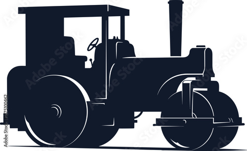 Steamroller silhouette, construction equipment, heavy machinery, roadwork vector, industrial vehicle, compacting tool, infrastructure development, black white art, minimal design, site illustration