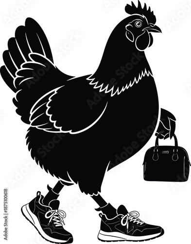 Stylish chicken character illustration, humorous rooster wearing sneakers and handbag, creative fashion animal concept, black white minimalist vector art