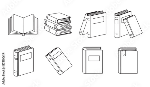 Collection of various book illustrations in simple line art style vector