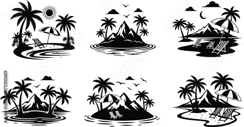 Tropical island beach silhouettes, summer vacation palm trees, mountain landscape, ocean holiday icons, black and white vector illustration set.