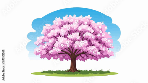 A blooming cherry tree with pink blossoms stands on green grass under a blue sky