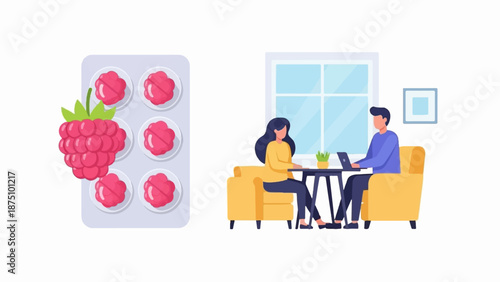 A blister pack of raspberry-shaped pills next to two people working on laptops