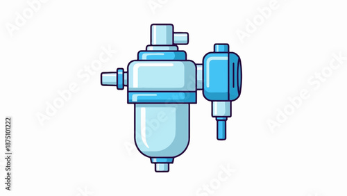 A blue and light blue schematic illustration of a filtration unit with pipes