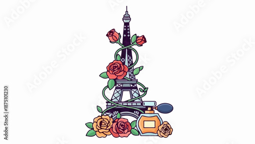 Tower entwined with roses, beside a vintage perfume bottle