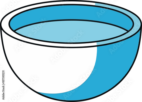A blue and white bowl contains blue liquid