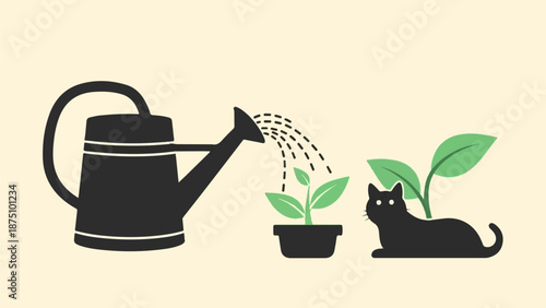 A black cat rests by a plant being watered by a watering can