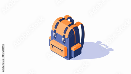 A blue and orange isometric backpack with straps and pockets