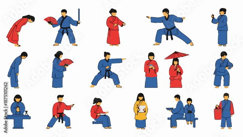 Traditional Asian figures in martial arts and cultural poses, diverse actions and attire