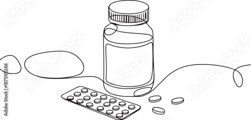 Continuous Line Drawing Pills, Tablets, and Medicine Bottle